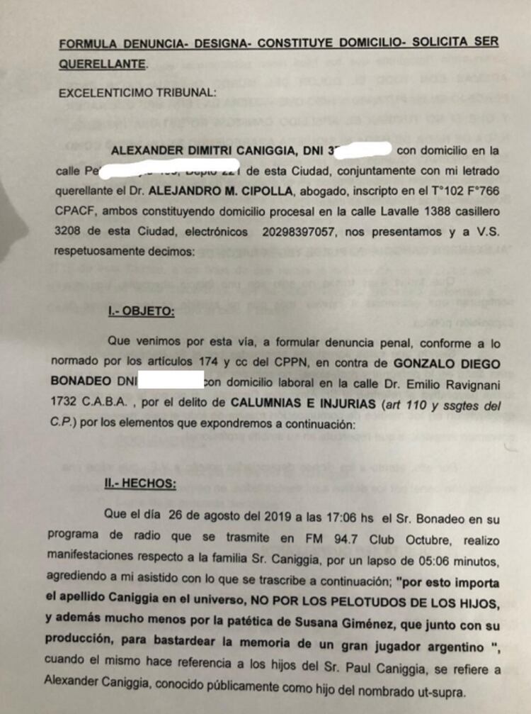 La denuncia de Alex Caniggia contra Gonzalo Bonadeo