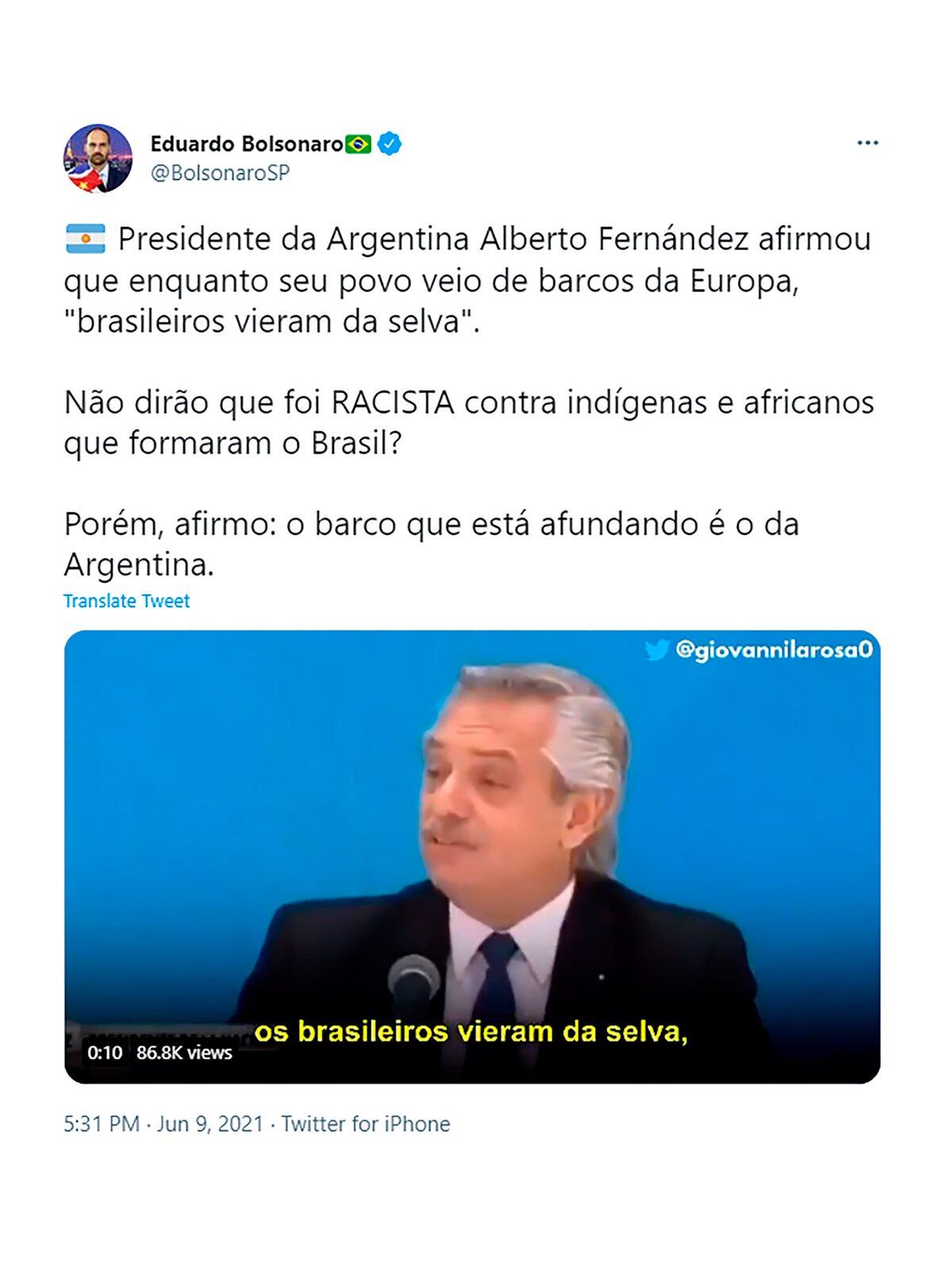El tuit de Eduardo Bolsonaro con un video del momento en que Fernández pronunció la polémica frase