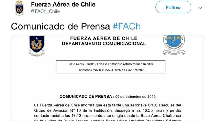 Avión militar chileno C130 con 38 personas a bordo fue declarado “siniestrado” tras perder “comunicación radial