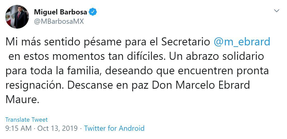 Miguel Barbosa, gobernador de Puebla, envió un "abrazo solidario" a la famlia de Marcelo Ebrard. (Foto: Twitter)