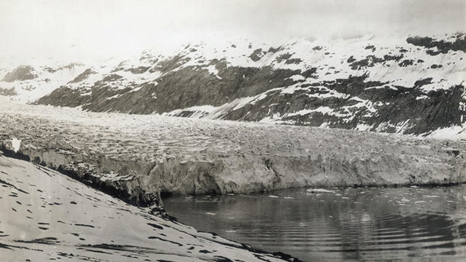 <p>La fotografía fue tomada en 1899 y muestra los aproximadamente 60 metros de alta marea del Glaciar Reid luego retirarse.&nbsp;La ladera está cubierta por unos pocos centímetros de nieve.&nbsp;No hay árboles presentes en la ladera </p> usgs.gov 163