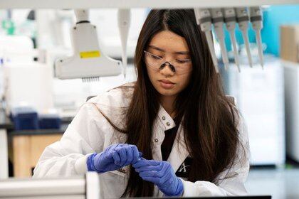 La investigadora Marion Hong, de la compañía Arcturus Therapeutics, trabajando en busca de una vacuna contra el coronavirus en un laboratorio en San Diego, California (REUTERS/Bing Guan)
