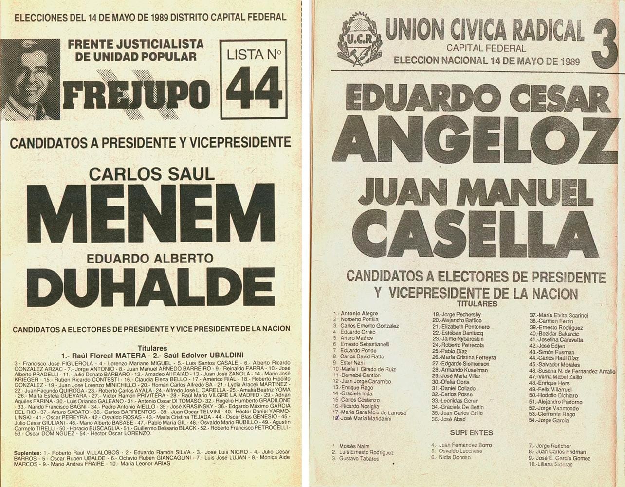 Las boletas Menem-Duhalde y Angeloz-Casella