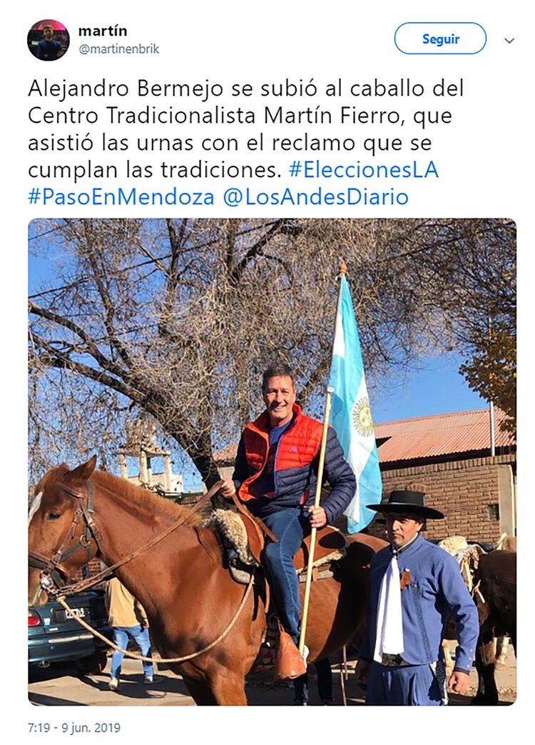 El precandidato a gobernador de Mendoza, Alejandro Bermejo, se dejó fotografiar arriba de un caballo al salir del cuarto oscuro