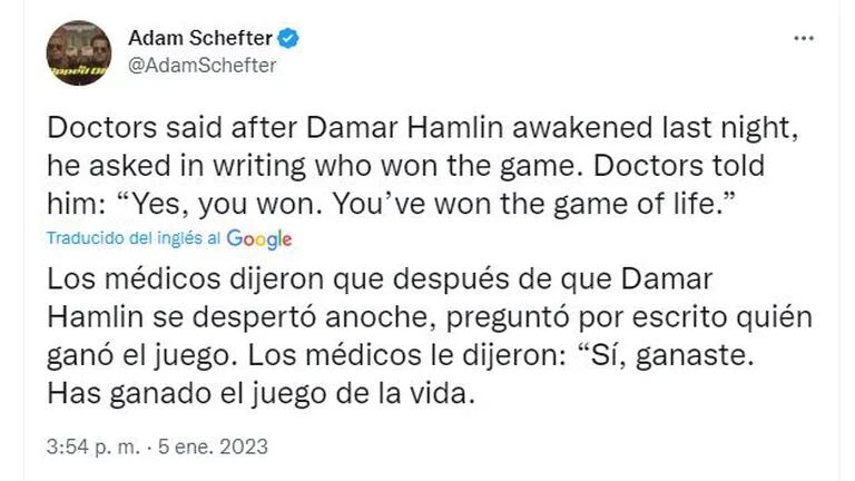  El periodista de ESPN Adam Schefter contó qué fue lo primero que preguntó Damar Hamlin al despertar tras su colapso (Tw 