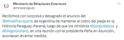 El Ministerio de Relaciones Exteriores y el ministro de Transporte argentino Diego Giuliano se cruzaron por Twitter tras la reunión bilateral entre Sergio Massa y Santiago Peña