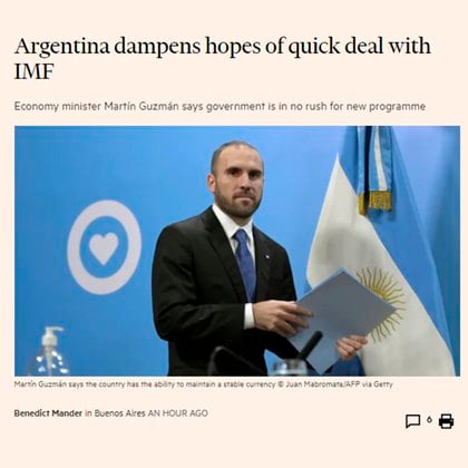 El título e ilustración de la entrevista del ministro con el FT: "La Argentina desalienta expectativas de un rápido acuerdo con el FMI"