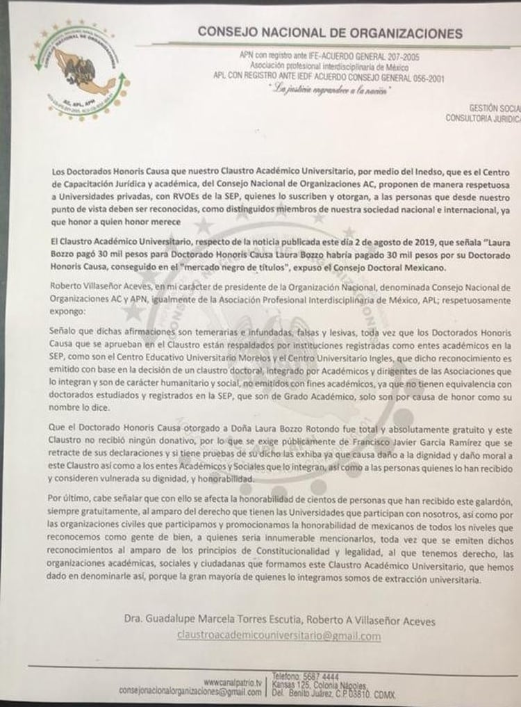 El Claustro Académico Universitario emitió una carta donde intenta aclarar la situación del supuesto donativo que Bozzo hizo a cambio de su doctorado honoris causa (Foto: Twitter Laura Bozzo)