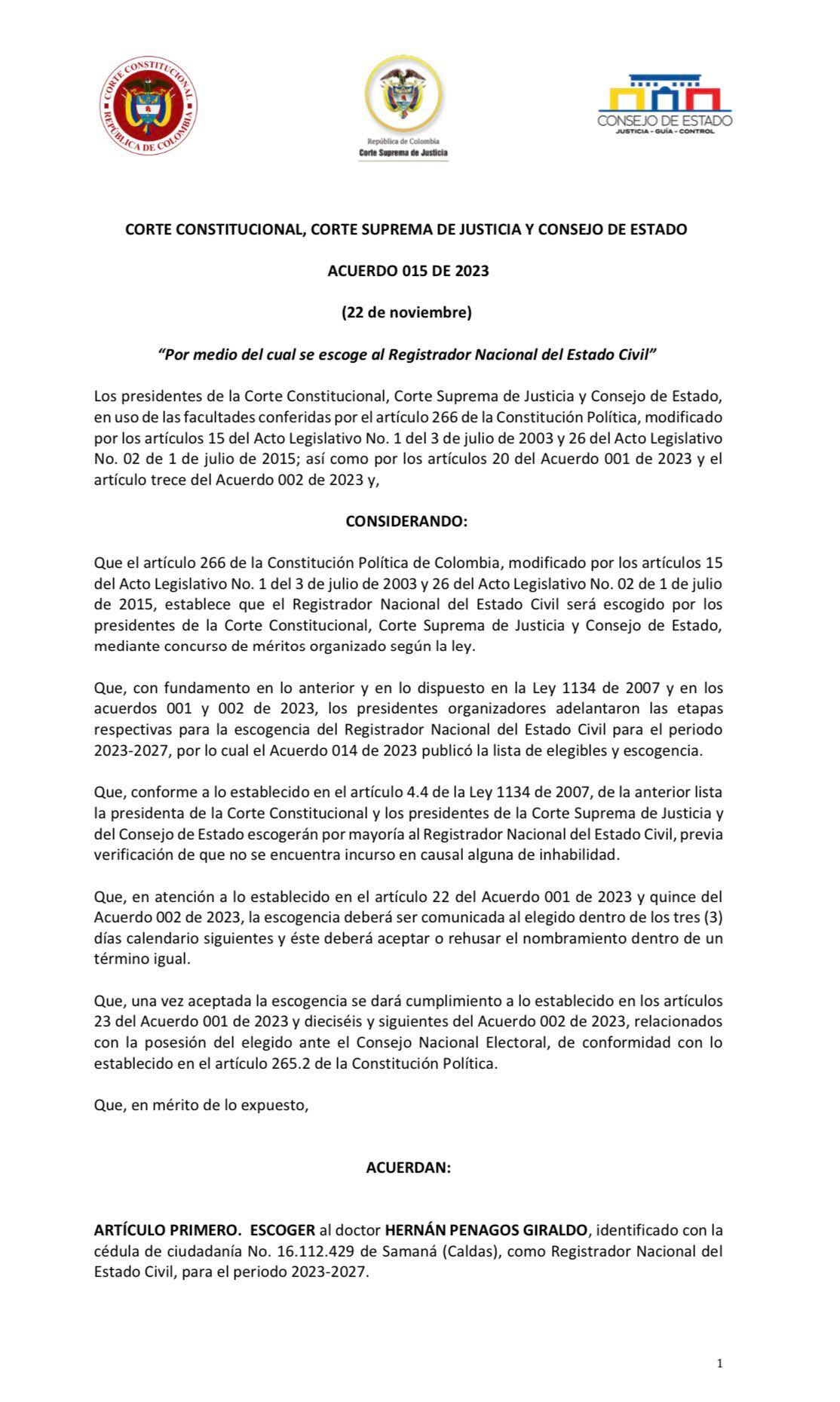 Resolución en la que se confirmó elección de Hernán Penagos Giraldo como nuevo registrador nacional