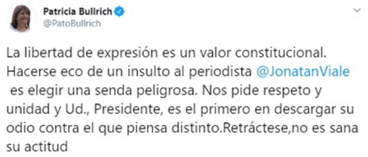 El repudio de Patricia Bullrich al ataque del Presidente a Jonatan Viale