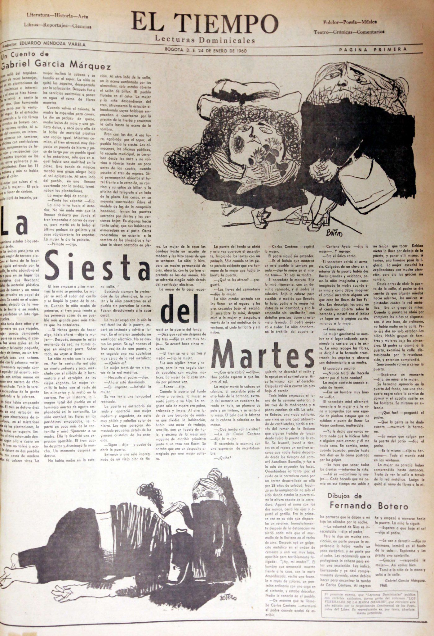 Imagen del cuento de Gabriel García Márquez publicado por El Tiempo en 1960, con las ilustraciones de Fernando Botero.