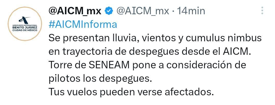 El AICM dejó los despegues a consideración de los pilotos debido a la lluvia  (Twitter AICM_mx)