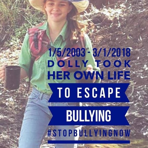 Uno de los flyers que circularon en las redes sociales en Australia: “Dolly se suicidó para escapar del bullying #DETENGANEL BULLYINGAHORA”