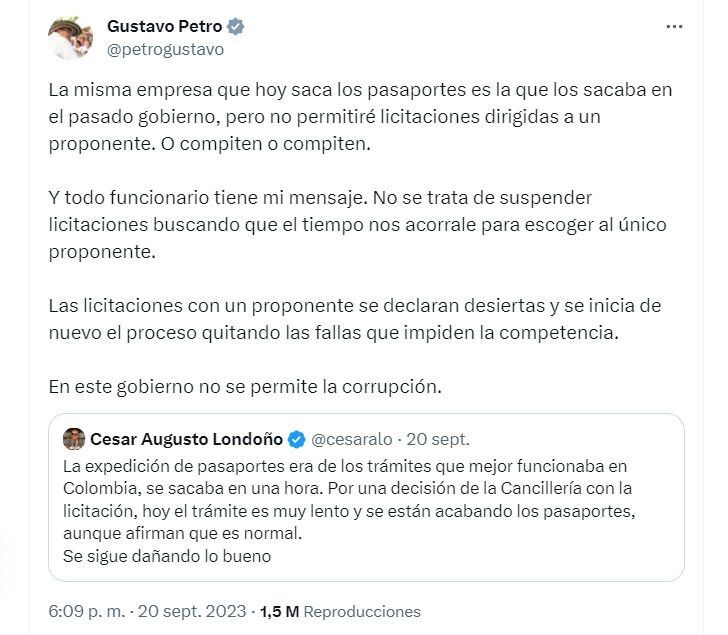 Con este mensaje en su perfil de X (Twitter), el presidente Gustavo Petro manifestó que en su Gobierno no se entregarían licitaciones a un único oferente - crédito @petrogustavo/X