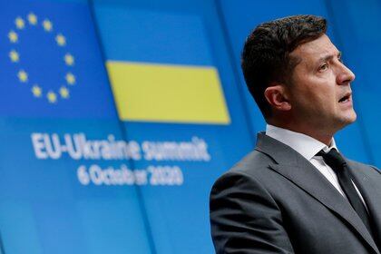 Ukrainian President Volodymyr Zelensky gives a press conference at the end of an EU-Ukraine Summit at the European Council in Brussels, Belgium, October 6, 2020. Stephanie Lecocq/Pool via REUTERS