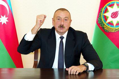 Azerbaijan's President Ilham Aliyev speaks during an address to the nation in Baku, Azerbaijan October 9, 2020. Official web-site of President of Azerbaijan/Handout via REUTERS  ATTENTION EDITORS - THIS IMAGE HAS BEEN SUPPLIED BY A THIRD PARTY. NO RESALES. NO ARCHIVES. MANDATORY CREDIT.