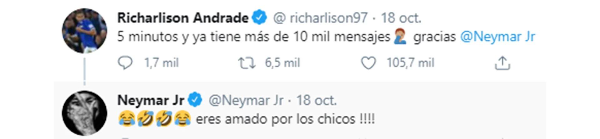 Richarlison y Neymar la siguieron en las redes sociales (Twitter)