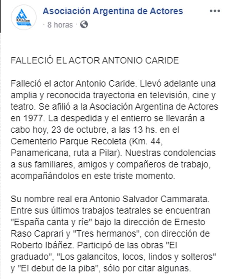 La despedida de la Asociación Argentina de Actores, a través de su página de Facebook 