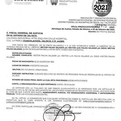 El fiscal de Jalisco confirmó haber recibido un oficio donde se informaba la libertad del Güero Palma (Foto: Especial)