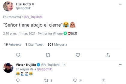 Tuit de la usuaria y la respuesta de Víctor Trujillo
(Foto: captura de pantalla de Twitter @Lizgottik)