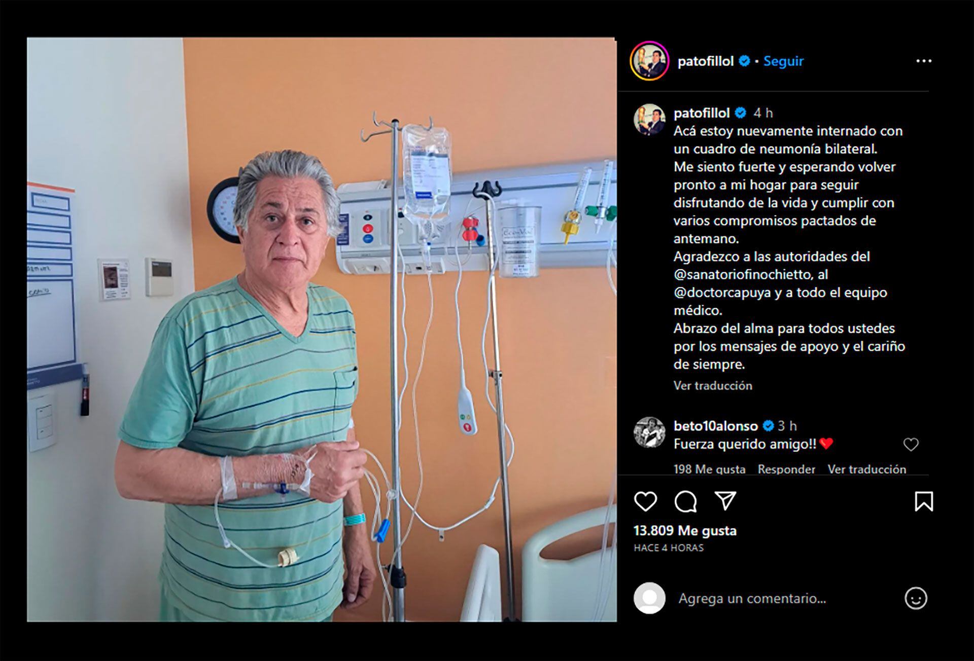 El mensaje del Pato Fillol tras ser internado por neumonía (Instagram)