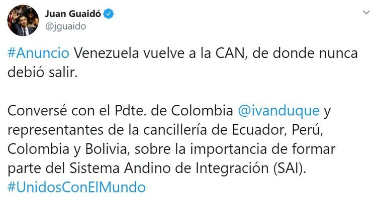 Guaidó anunció el regreso a la CAN