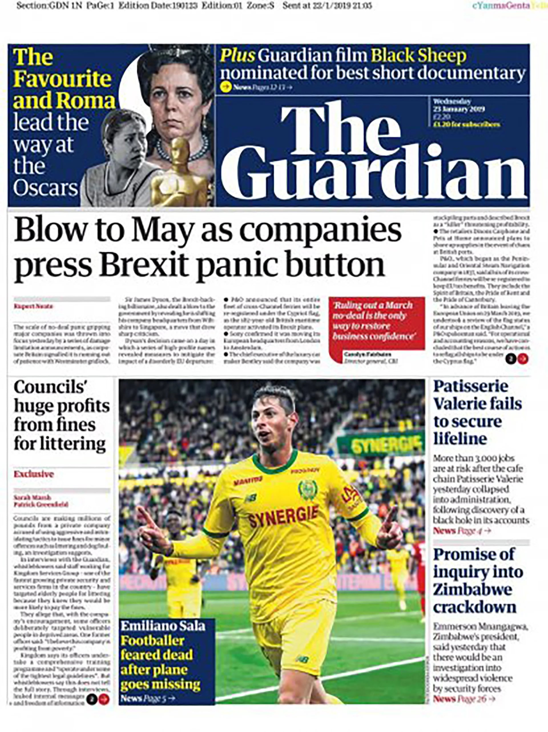 The Guardian destacó en su portada el temor por la muerte del futbolista Emiliano Sala tras la desaparición de su avión