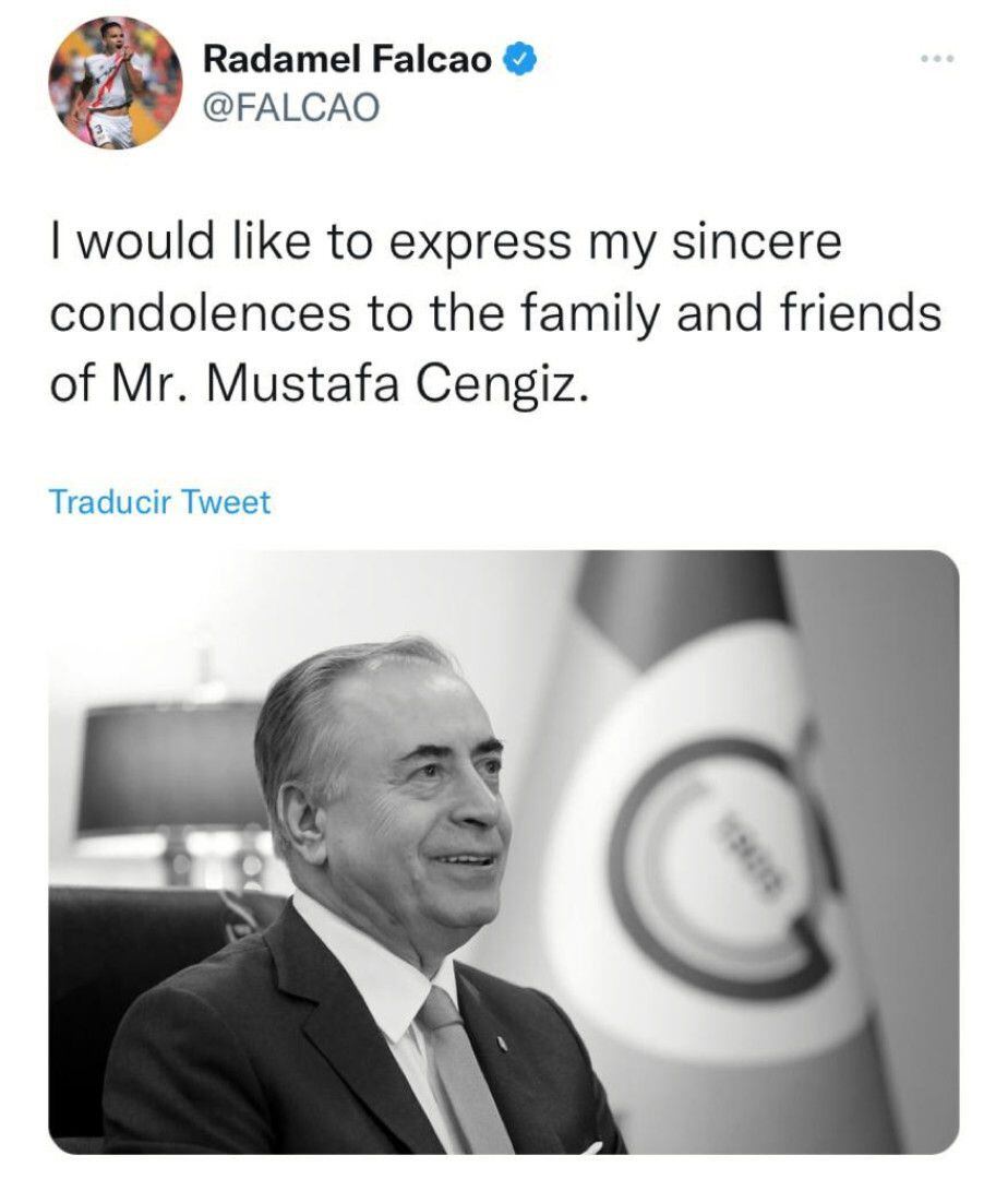 El mensaje con el que Radamel Falcao despidió a Mustafa Cengiz, presidente que lo llevó al Galatasaray / CAPTURA DE PANTALLA DE TWITTER @FALCAO