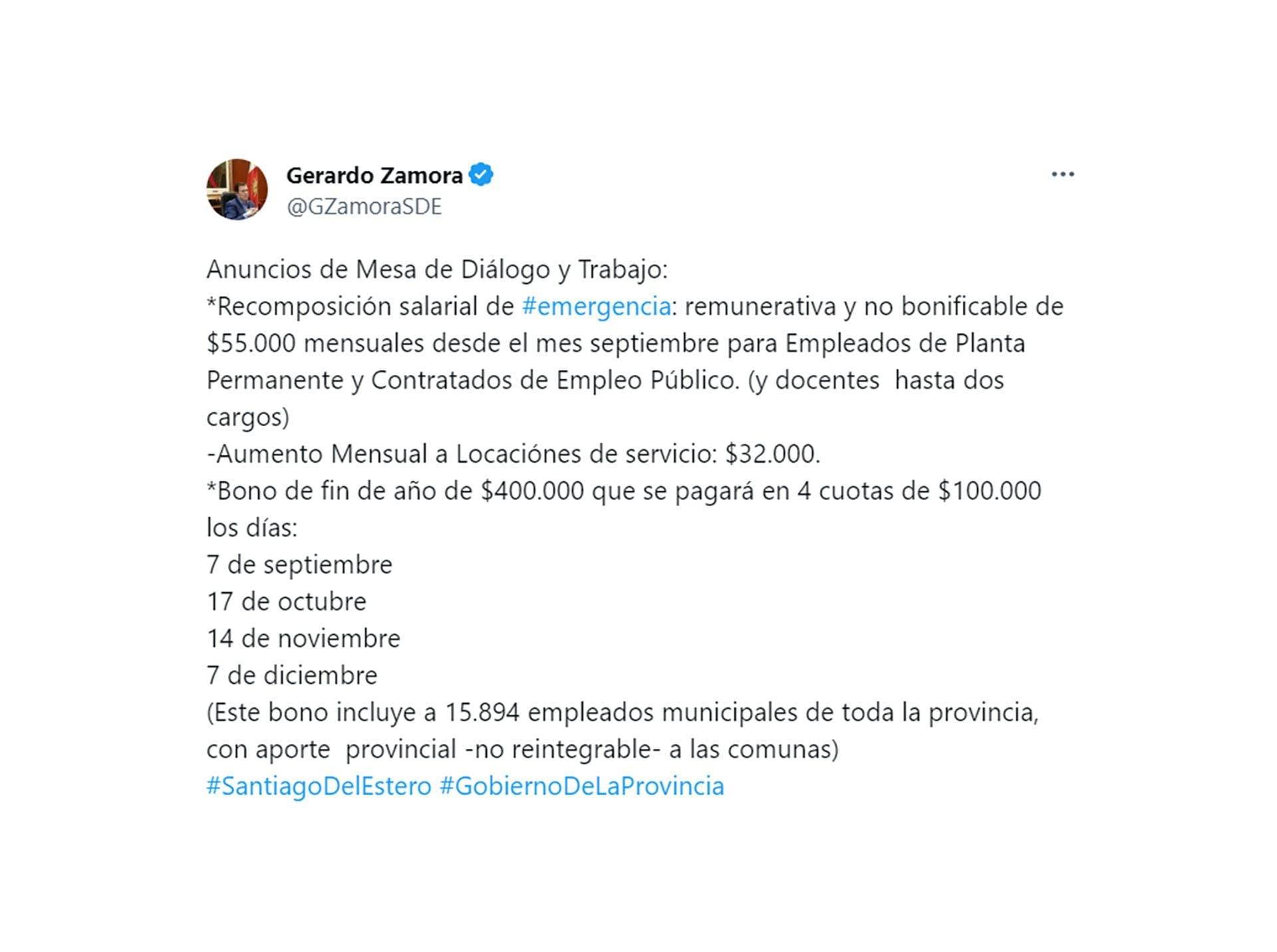 El anuncio de la gobernación de Santiago del Estero