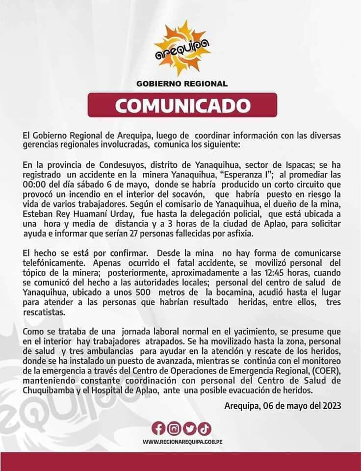 Gobierno Regional de Arequipa, en un comunicado, informó que harían 27 personas fallecidas por asfixia.