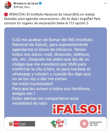 El Minsa difundió el mensaje de un internauta. (Captura/Twitter) 