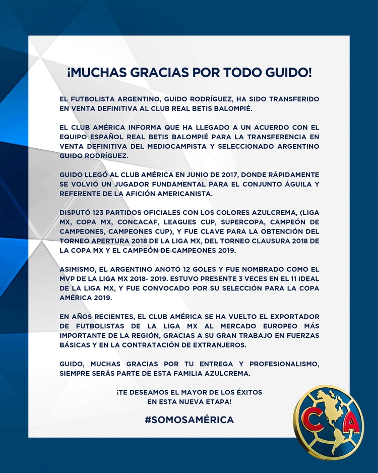 América se despidió de Guido Rodríguez en un comunicado (Foto: Twitter @ClubAmerica)