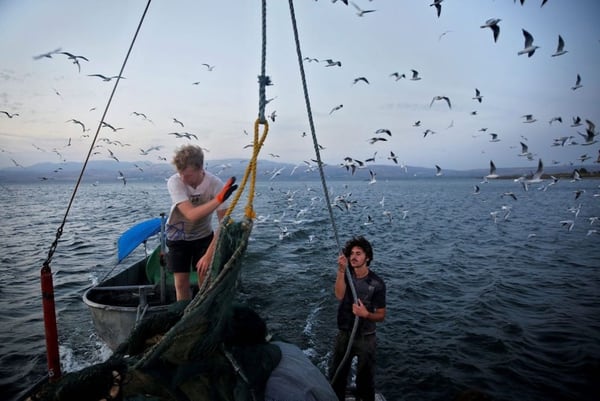 Pescadores trabajan en el mar de Galilea
