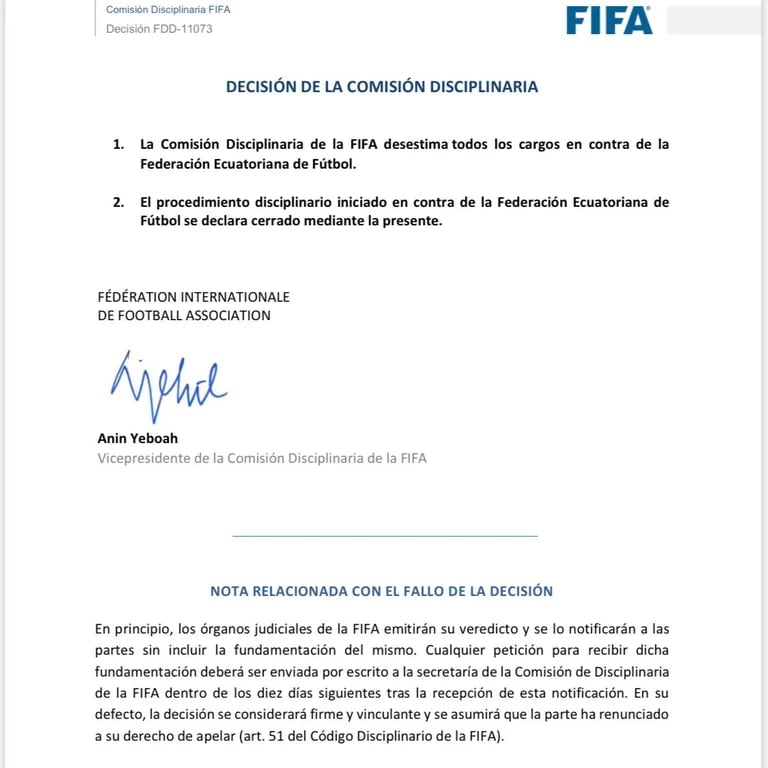  El documento que dio a conocer la FIFA