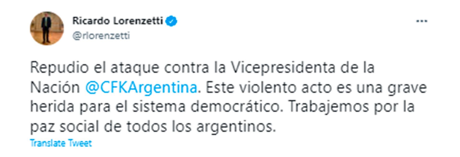 Tuit del juez Ricardo Lorenzetti en repudio al ataque que sufrió la vicepresidenta Cristina Kirchner. 