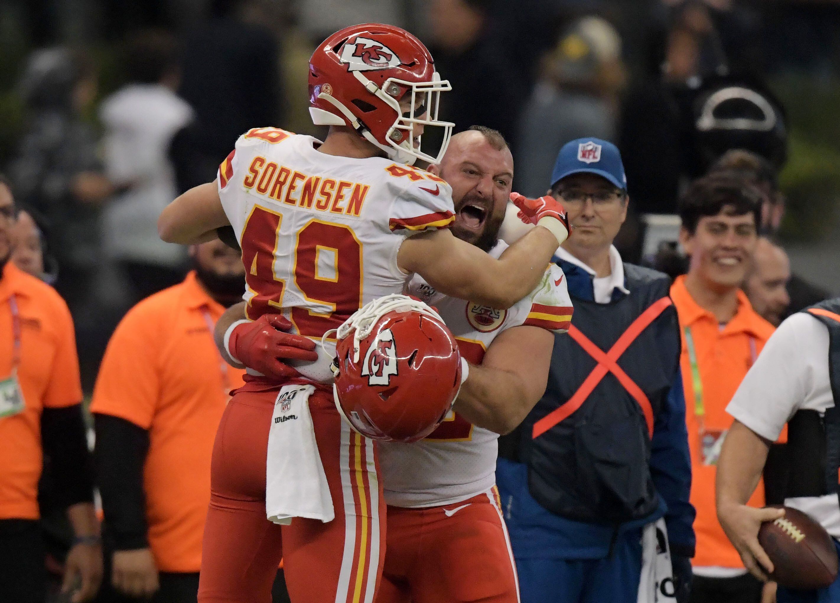 Nov 18, 2019; Mexico City, MEX; Kansas City Chiefs defensive back Daniel Sorensen (49) celebrates with fullback Anthony Sherman (42) after intercepting a pass in the fourth quarter against the Los Angeles Chargers during an NFL International Series game at Estadio Azteca. The Chiefs defeated the Chargers 24-17. Mandatory Credit: Kirby Lee-USA TODAY Sports