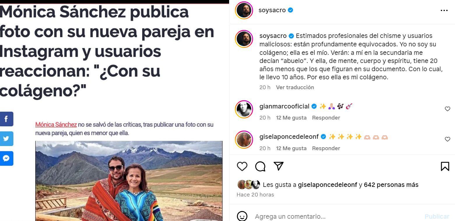 Novio de Mónica Sánchez, Daniel Sacro, se pronunció sobre diferencia de edad con la actriz: "Ella de mente y cuerpo tiene 20 años". Instagram.