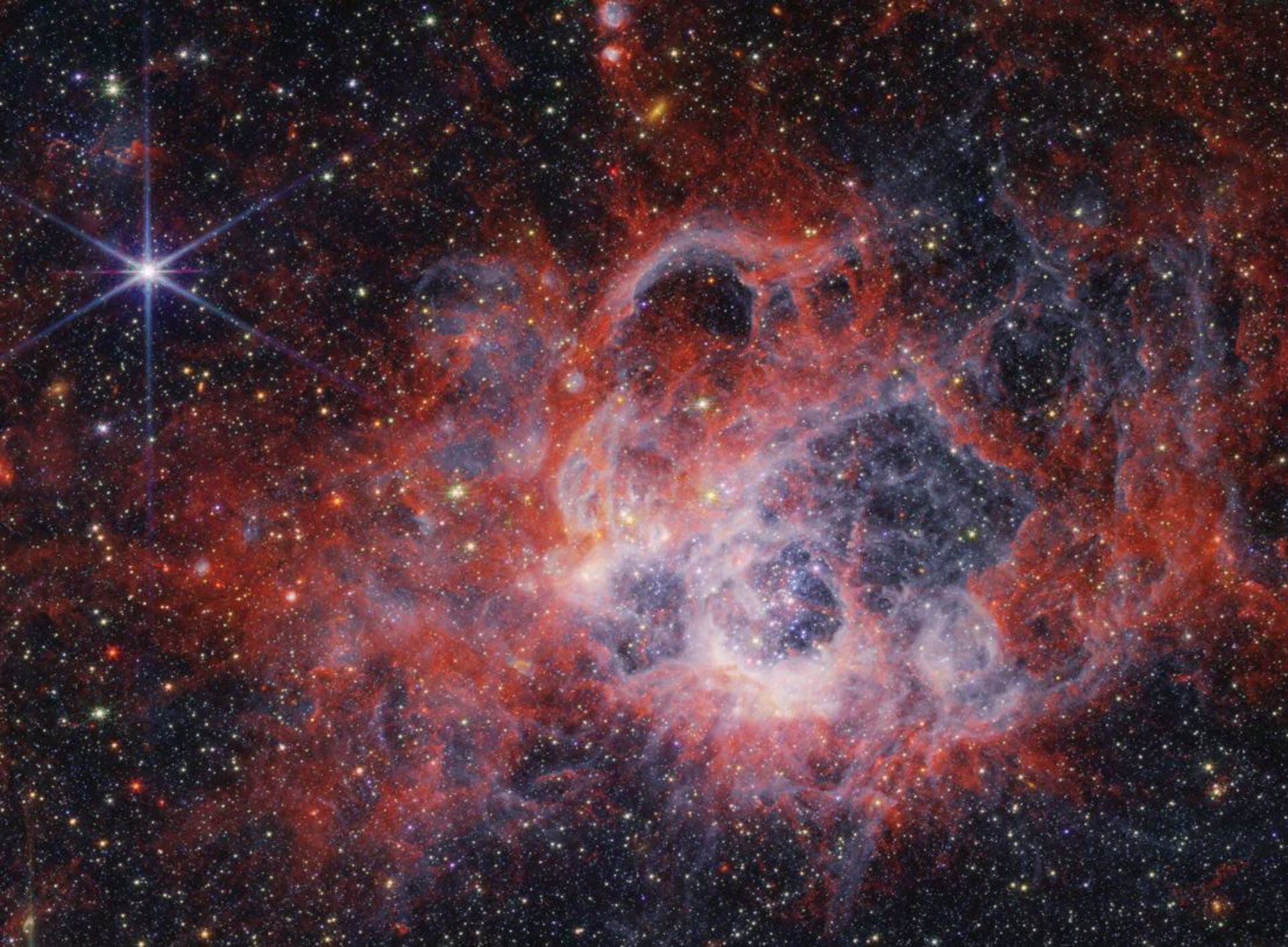 Esta imagen de la NIRCam del telescopio espacial James Webb  de la región de formación estelar NGC 604 muestra cómo los vientos estelares de estrellas jóvenes, brillantes y calientes crean cavidades en el gas y el polvo circundantes(NASA, ESA, CSA, STSCI)
