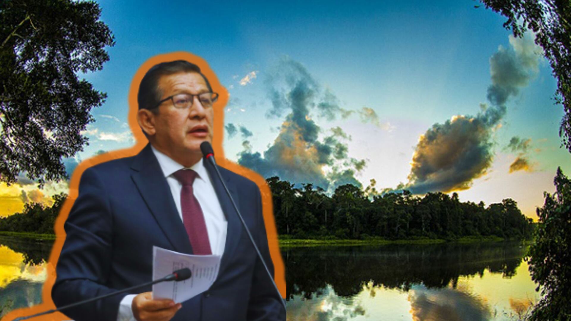 Parlamentario de Perú brinda discurso en las inmediaciones del Congreso de la República. Al fondo, se admira el Parque Nacional del Manu.