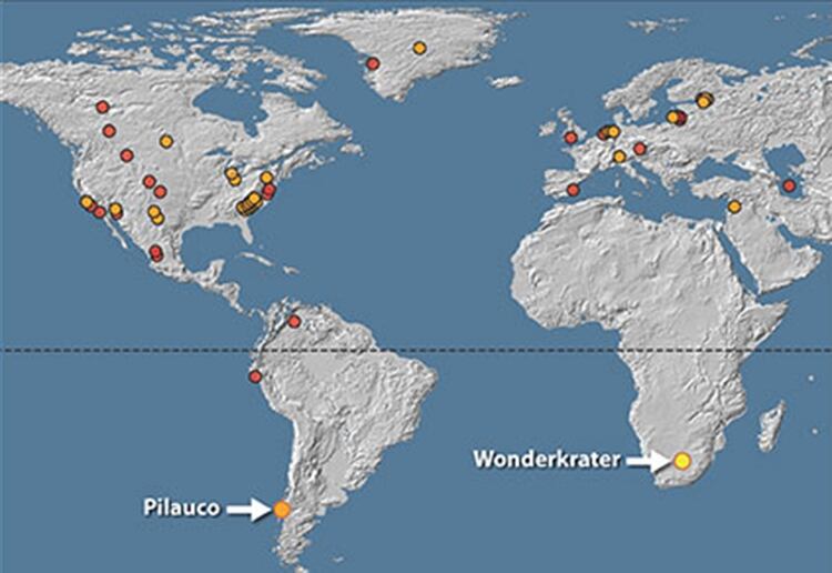 Mapa de los lugares donde hubo impactos de asteroides. El Wonderkrater queda en la actual Sudáfrica. (Crédito: Wits University) 