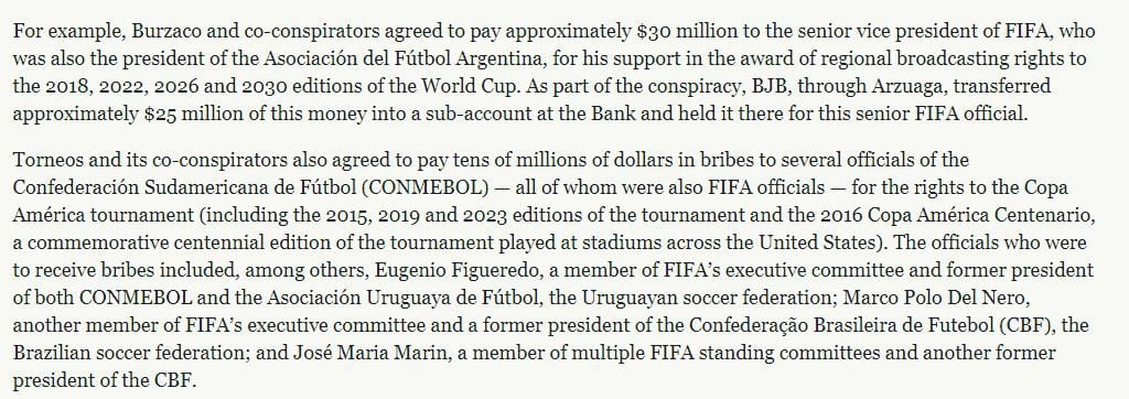 "Acordaron pagar aproximadamente US$30 millones al vicepresidente senior de la FIFA, quien también fue presidente de la Asociación del Fútbol Argentina", informó el comunicado