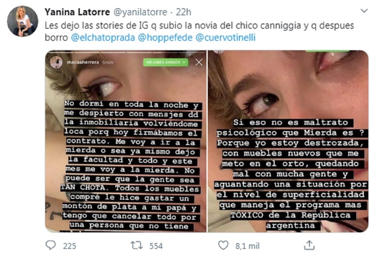 Yanina Latorre publicó en su cuenta de Twitter los mensajes de Macarena Herrera