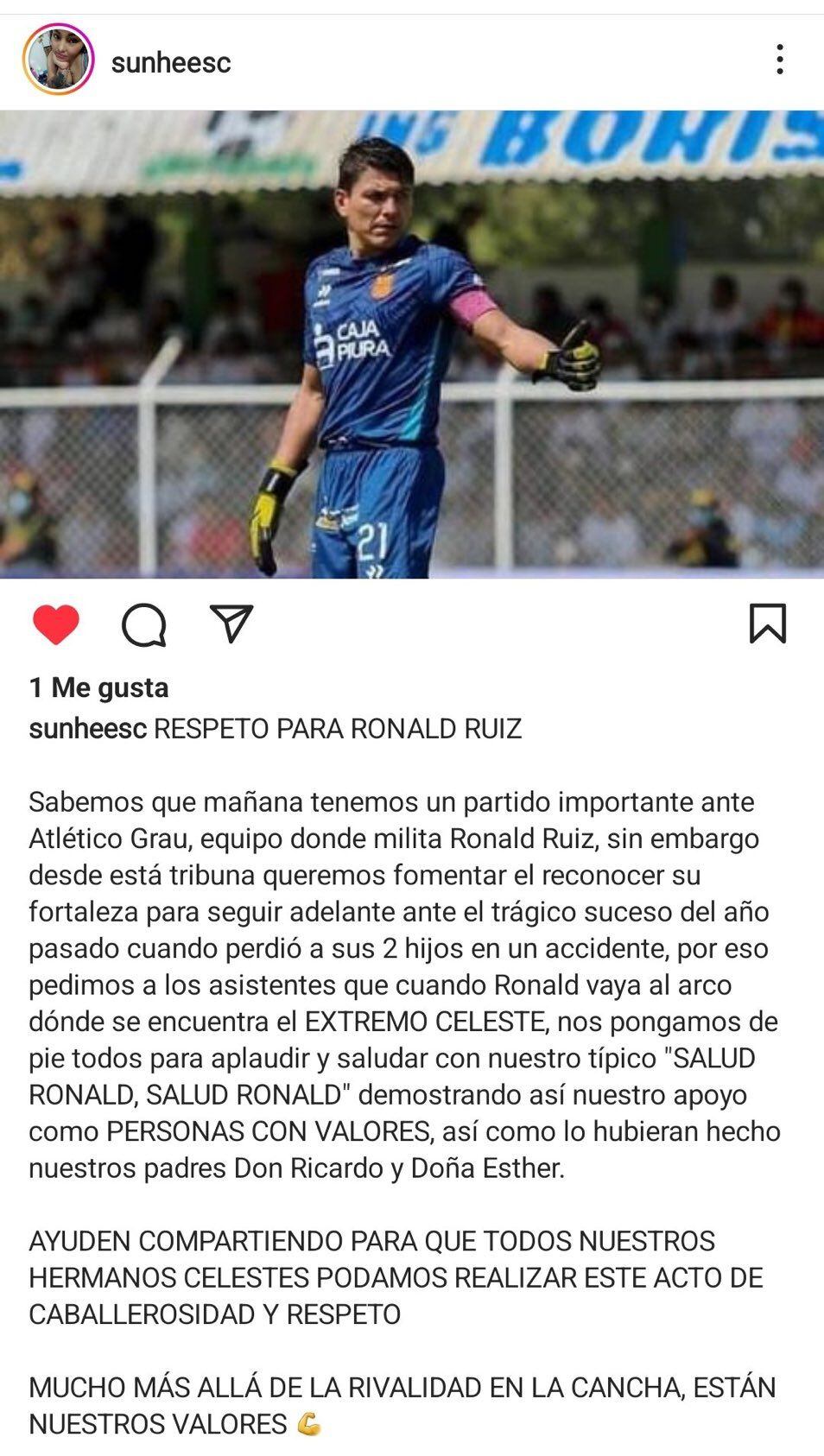 Una usuaria de Instagram difundió en redes sociales la iniciativa de hinchas de Sporting Cristal con Ronald Ruiz.