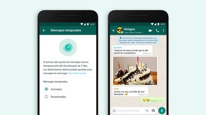 Cuando se activan mensajes temporales en WhatsApp, los chats se eliminarán automáticamente 7 días después de su envío