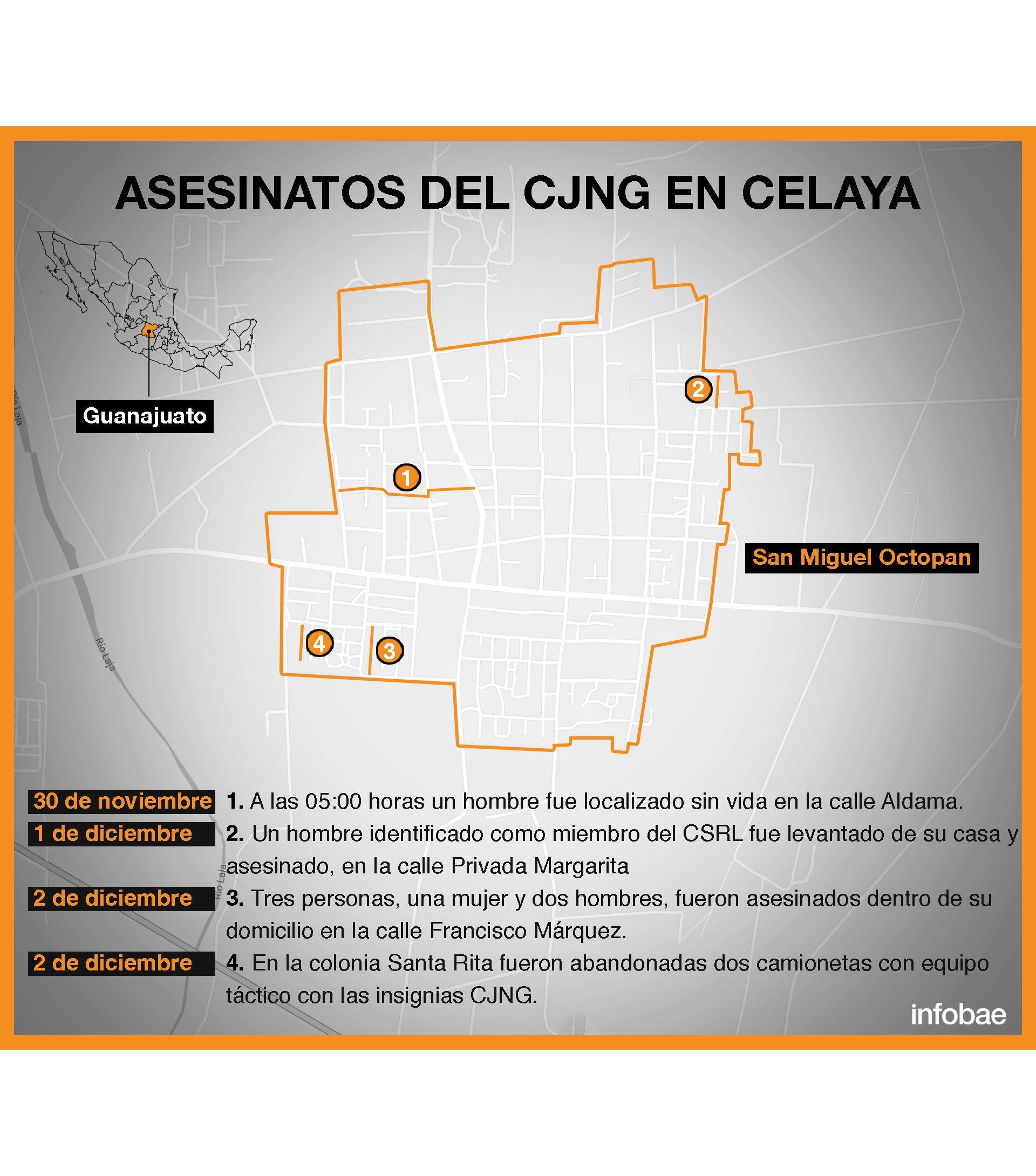 Los últimos asesinatos relacionados con el CJNG en Guanajuato (Mapa: Infobae México)