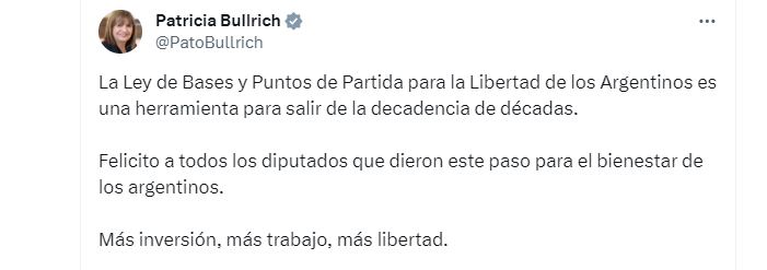 El tuit de Patricia Bullrich