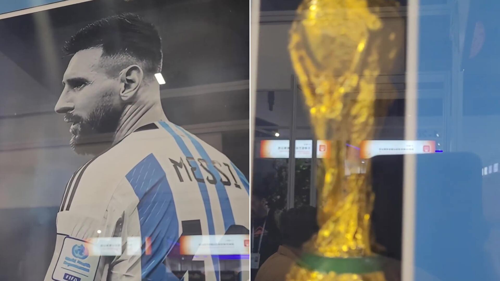 Un turista argentino, frente al homenaje erróneo a Lionel Messi en un stand en la Feria de Cantón, China, donde las restricciones de internet impiden un acceso fluido a la información internacional (Instagram)