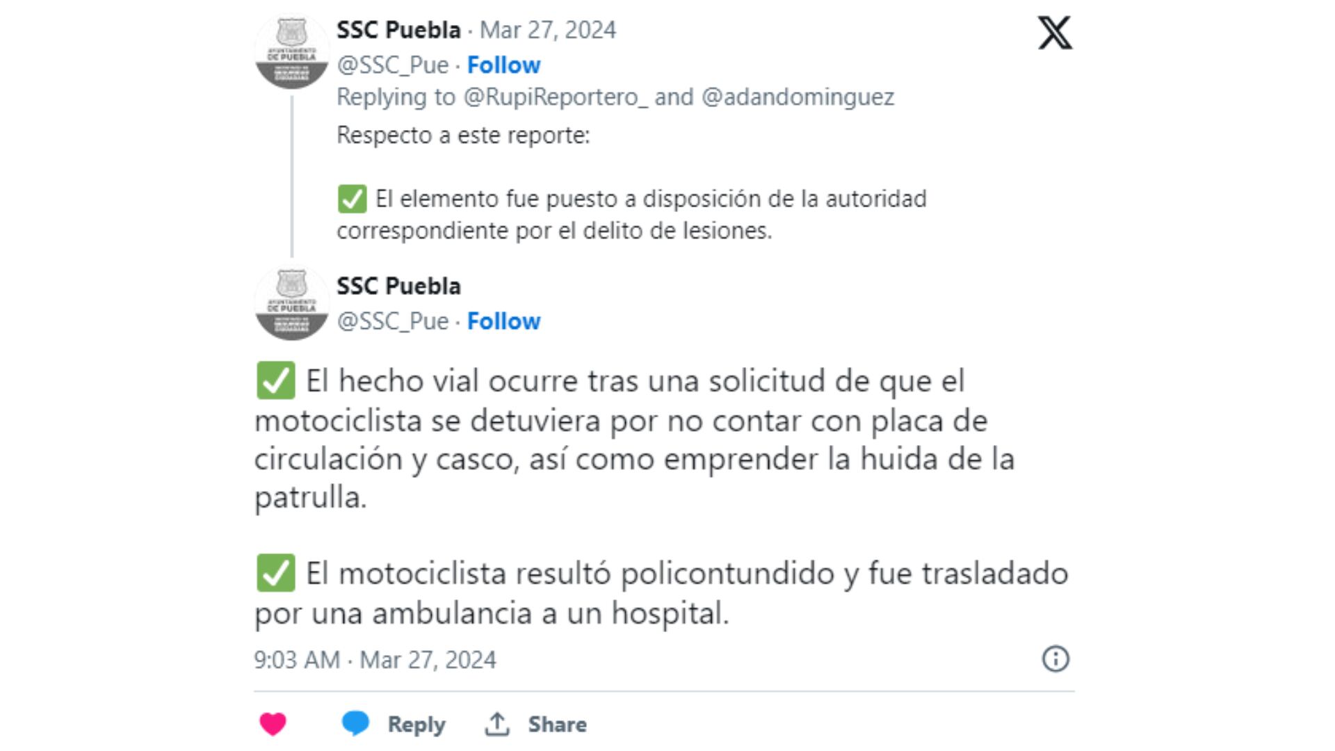 SSC de Puebla reacciona al incidente