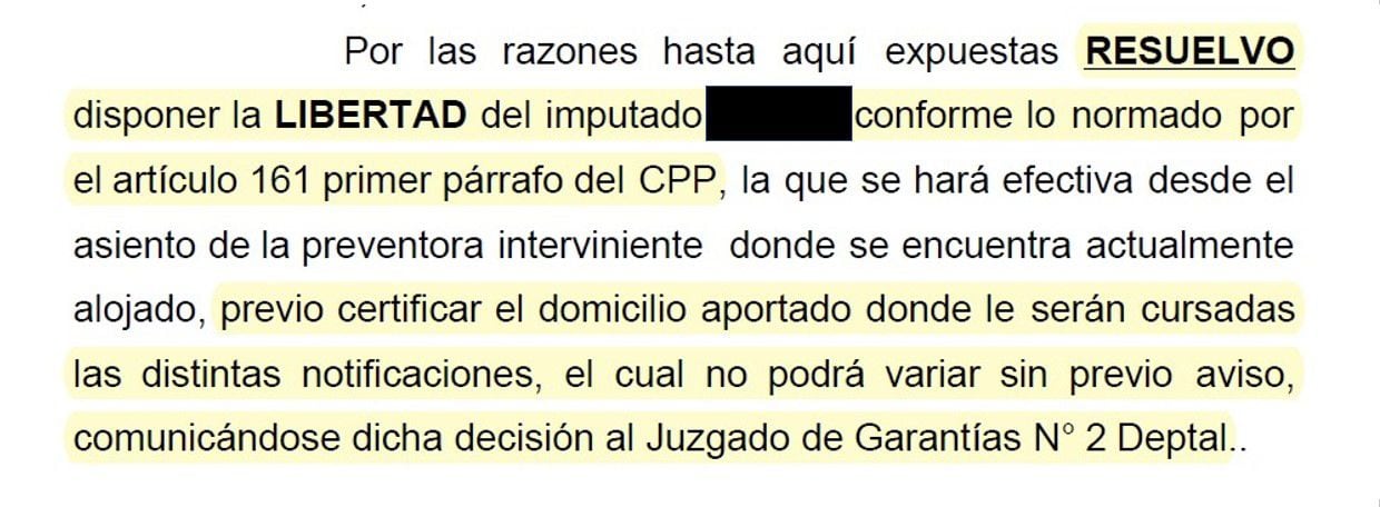 Fragmento del documento que ordenó la liberación del imputado 