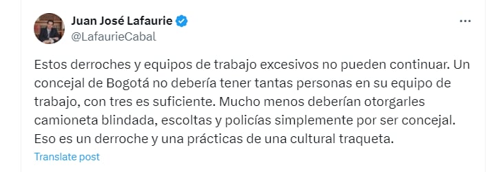 Juan José Lafaurie se fue contra Julián Triana por tener más de tres personas en su equipo de trabajo en el Concejo de Bogotá - crédito @LafaurieCabal/X